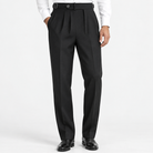 Men's Double-Pleat Dress Trousers with Adjustable Waist — Black, worn by a model