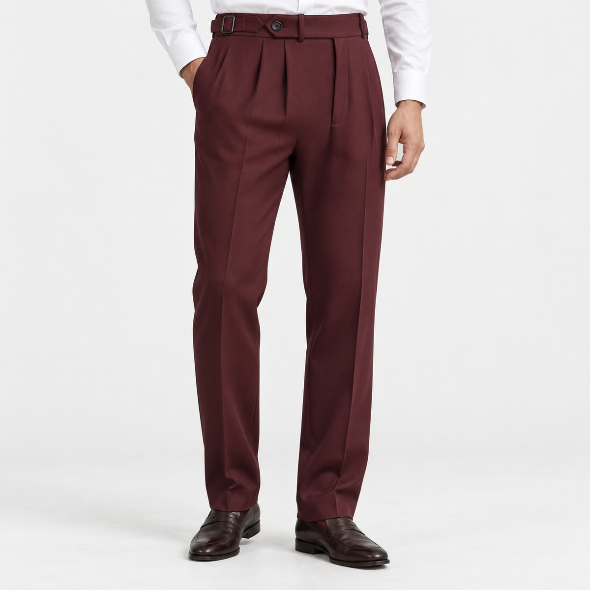 Men's Double-Pleat Dress Trousers with Adjustable Waist — Burgundy, worn by a model
