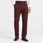 Men's Double-Pleat Dress Trousers with Adjustable Waist — Burgundy, worn by a model