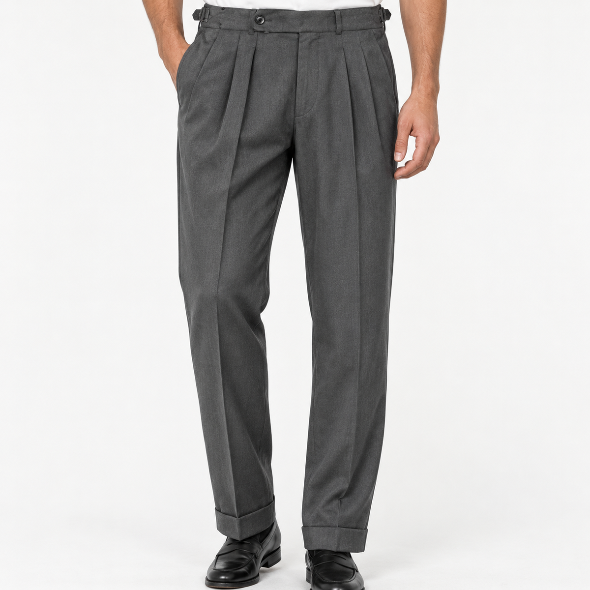 Men's Cotton-Blend Cuffed Pleated Trousers — Dark Gray, worn by a model