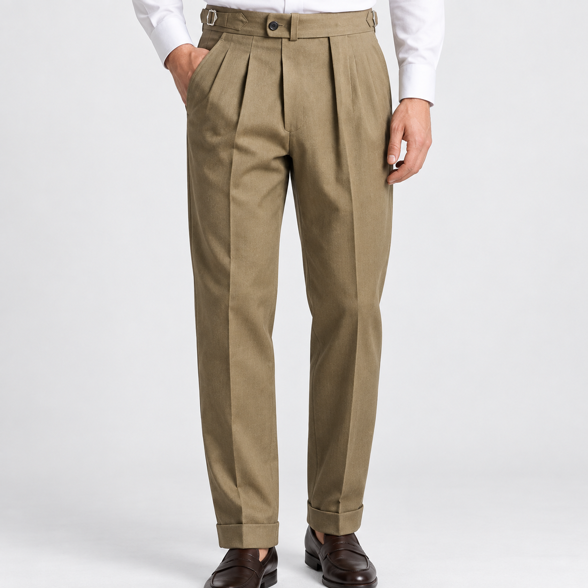 Men's Cotton-Blend Cuffed Pleated Trousers — Khaki, worn by a model