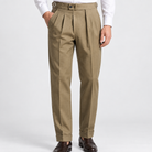 Men's Cotton-Blend Cuffed Pleated Trousers — Khaki, worn by a model
