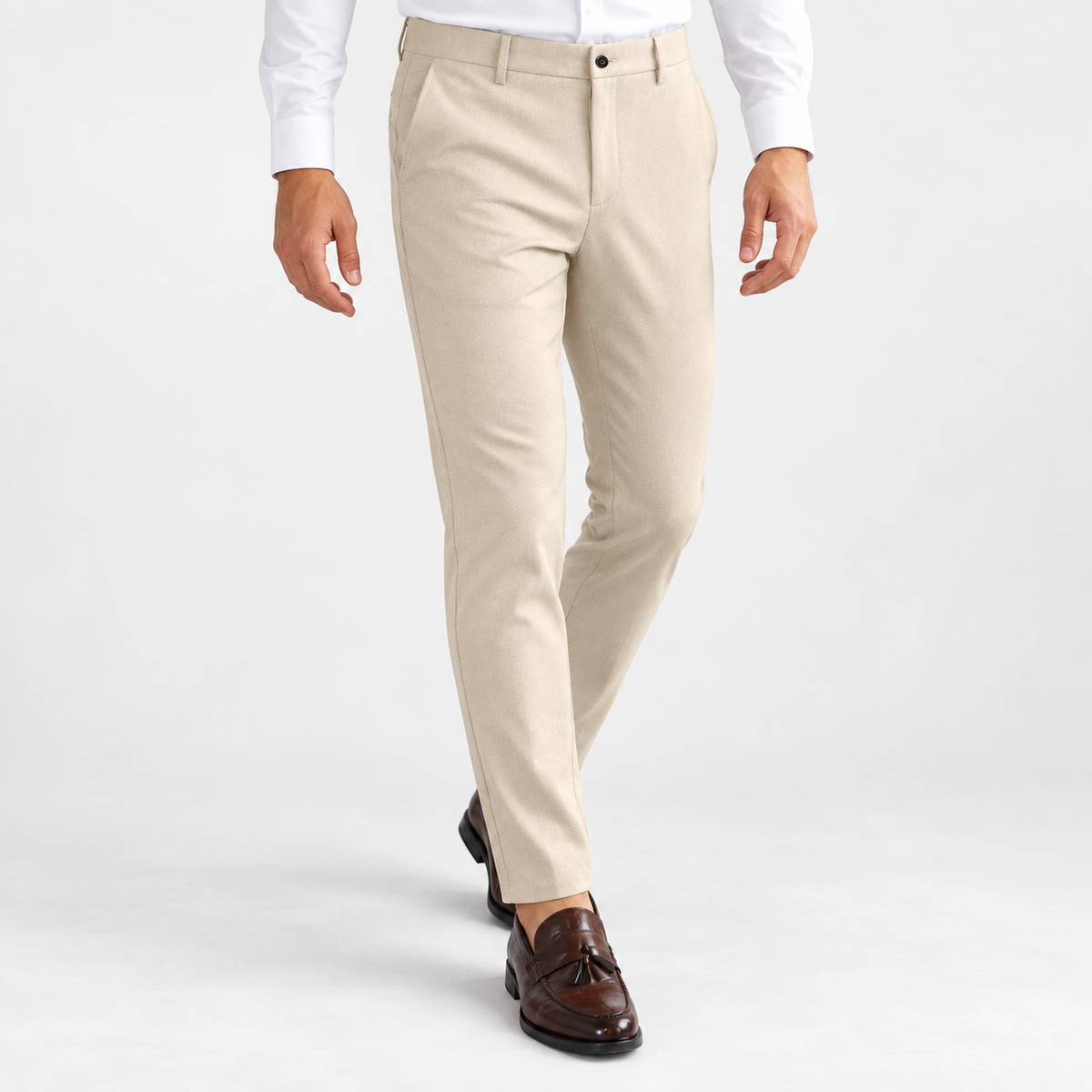 Men's Slim Tapered Stretch Chino Trousers — Beige, worn by a model