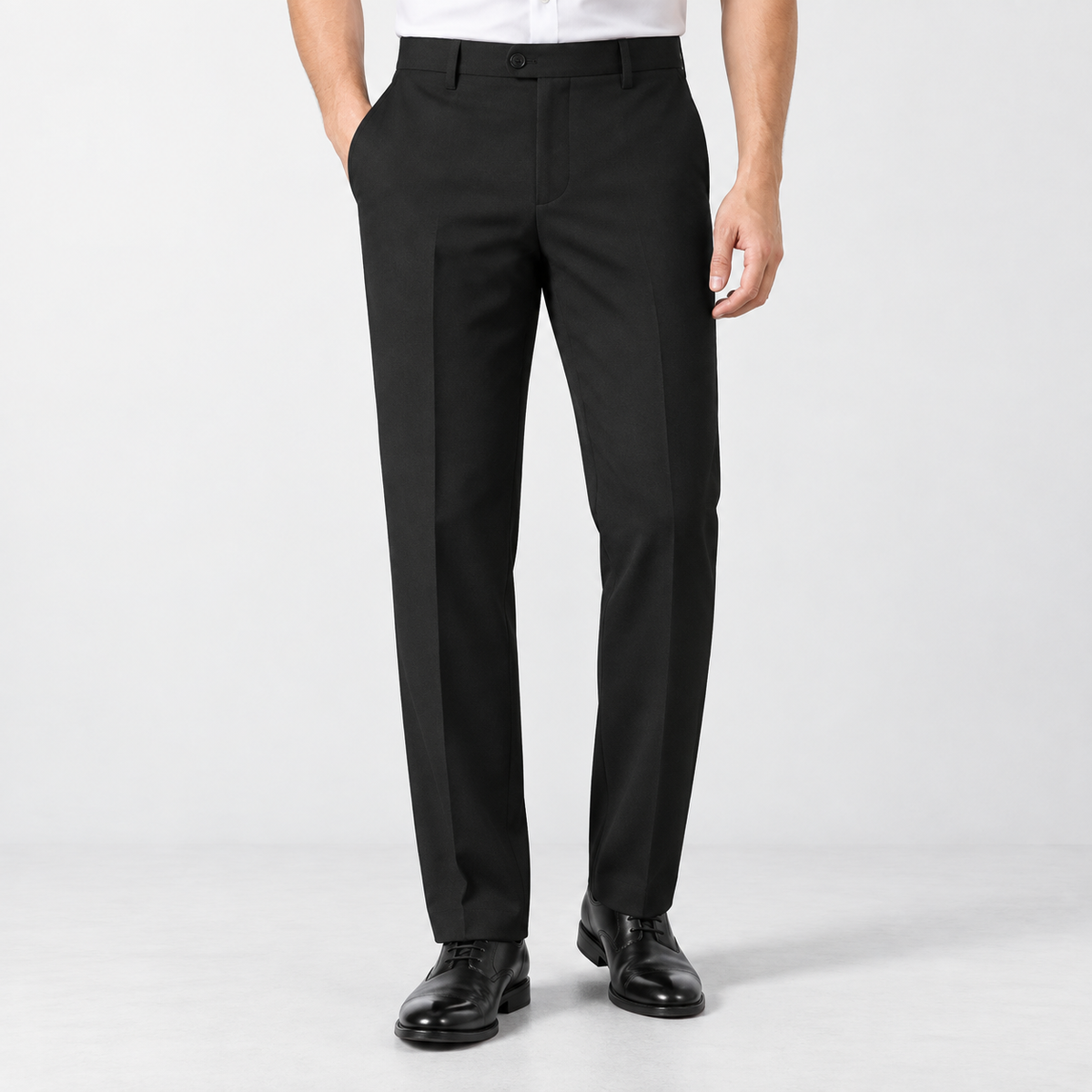 Men's Stretch Dress Pants in Two Lengths — Black (Full Length), worn by a model