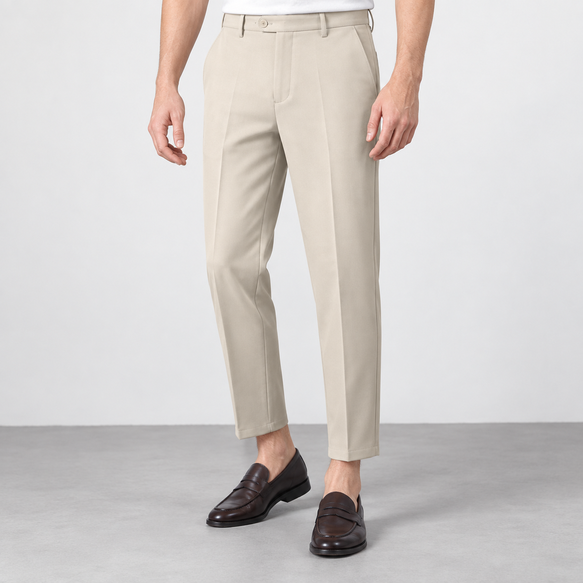 Men's Stretch Dress Pants in Two Lengths — Khaki (Ankle Length), worn by a model