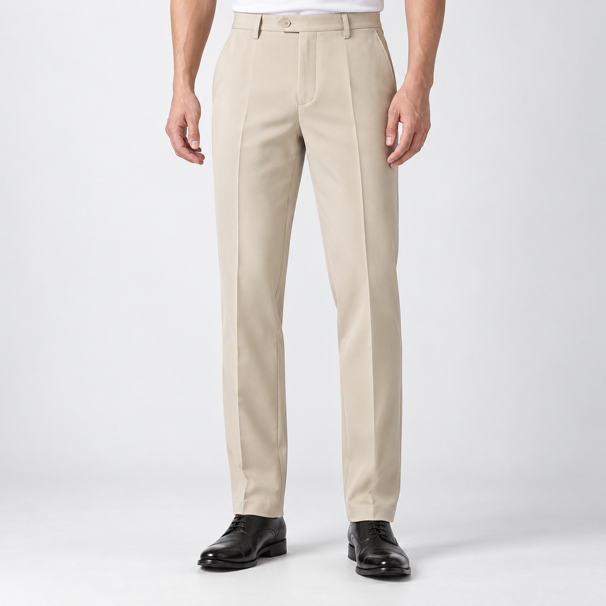 Men's Stretch Dress Pants in Two Lengths — Khaki (Full Length), worn by a model