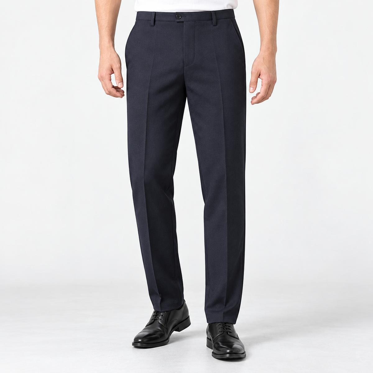 Men's Stretch Dress Pants in Two Lengths — Navy Blue (Full Length), worn by a model