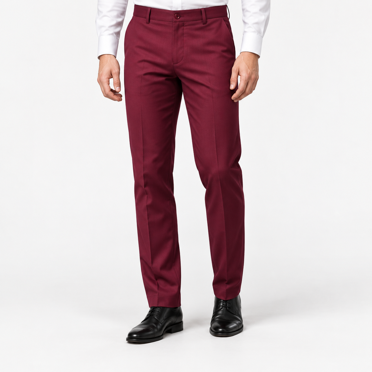 Men's Classic Flat-Front Suit Trousers — Burgundy, worn by a model