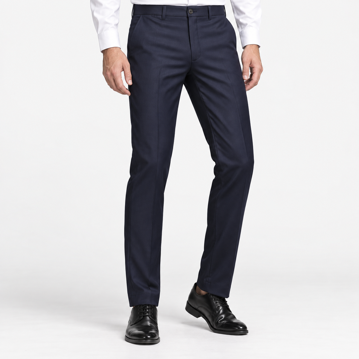 Men's Classic Flat-Front Suit Trousers — Navy Blue, worn by a model