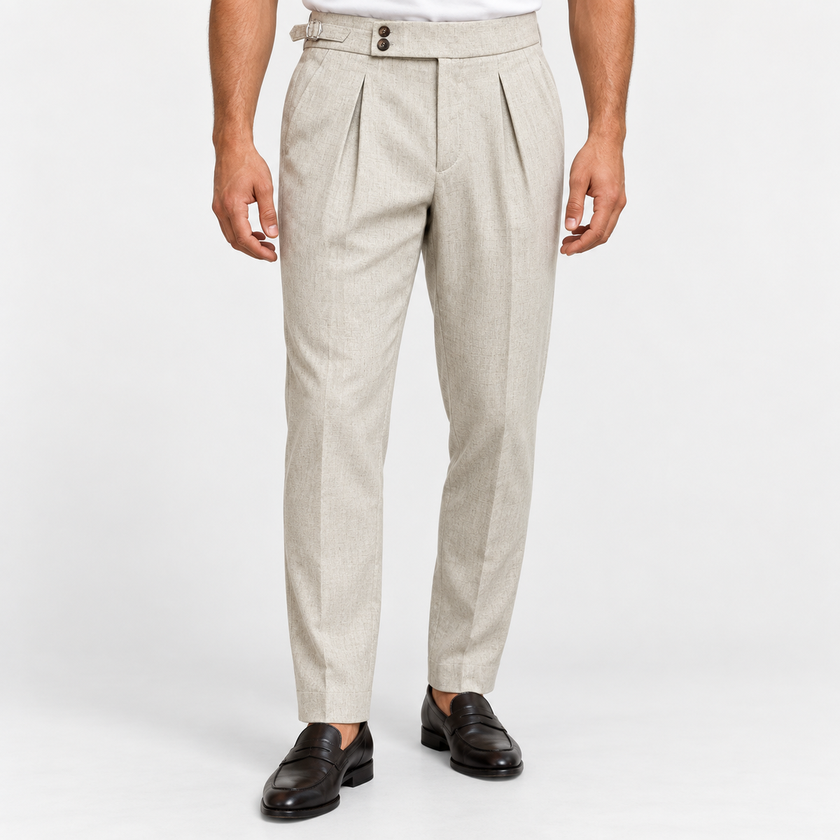 Men's Linen-Blend Pleated Trousers with Side Tabs — Ivory, worn by a model