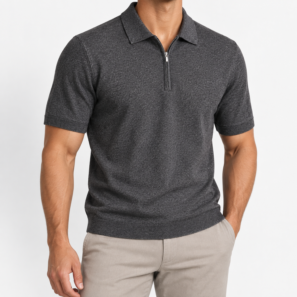 Men's Lyocell Short-Sleeve Half-Zip Polo — Charcoal, worn by a model