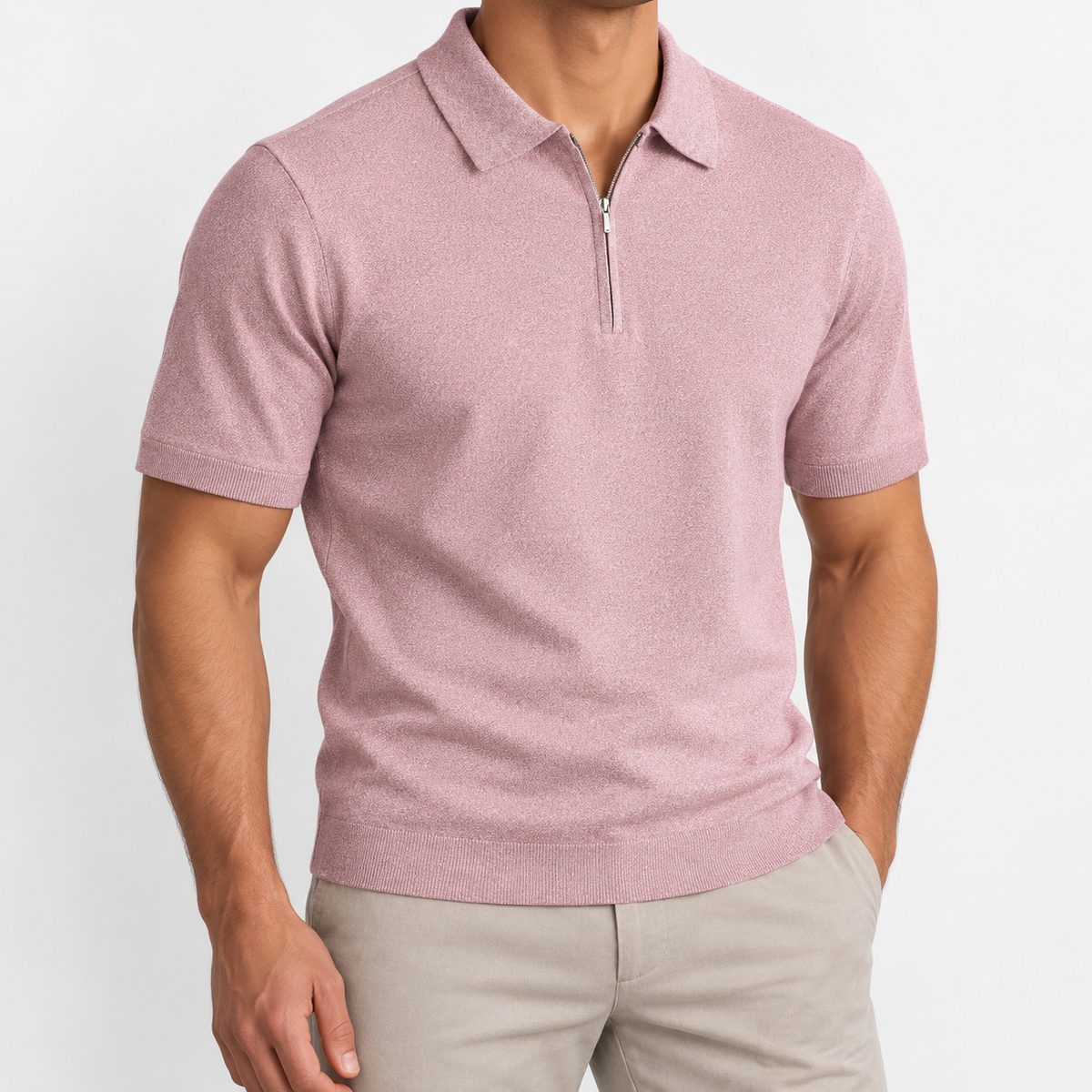 Men's Lyocell Short-Sleeve Half-Zip Polo — Dusty Pink, worn by a model