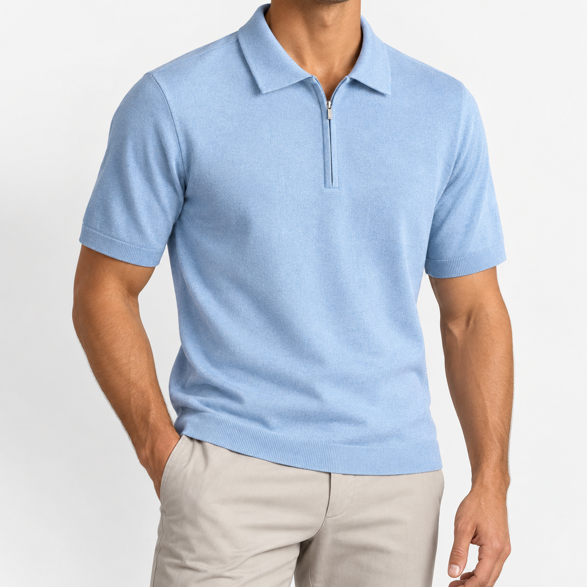 Men's Lyocell Short-Sleeve Half-Zip Polo — Light Blue, worn by a model