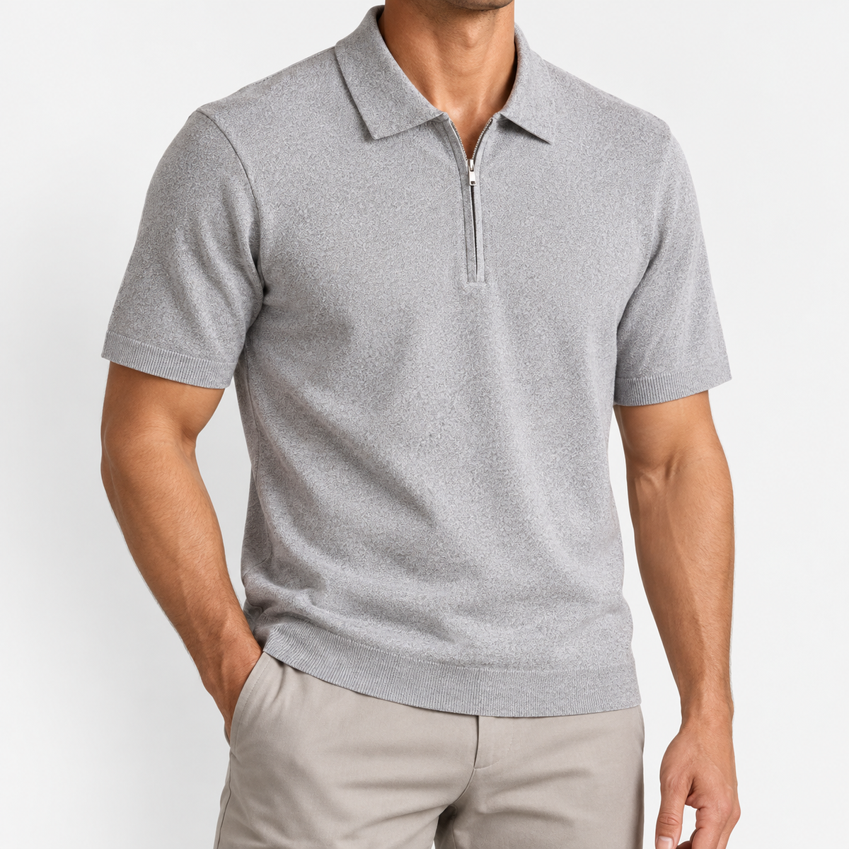 Men's Lyocell Short-Sleeve Half-Zip Polo — Light Gray, worn by a model
