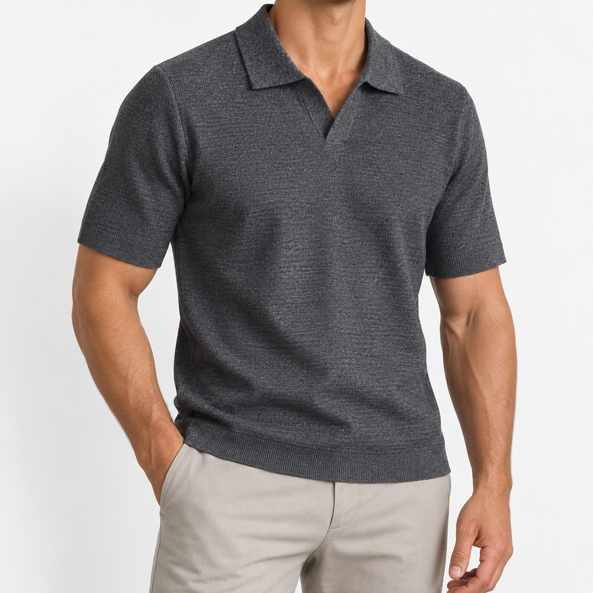 Men's Lyocell Open-Collar Short-Sleeve Polo — Charcoal, worn by a model