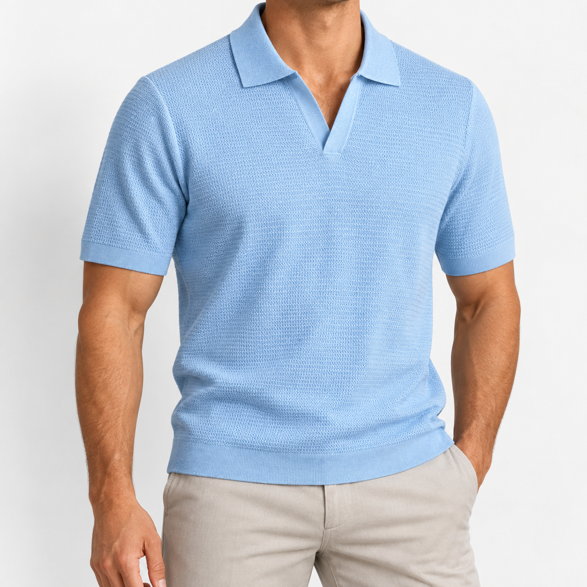 Men's Lyocell Open-Collar Short-Sleeve Polo — Light Blue, worn by a model