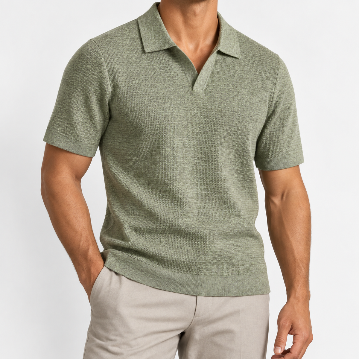 Men's Lyocell Open-Collar Short-Sleeve Polo — Sage Green, worn by a model