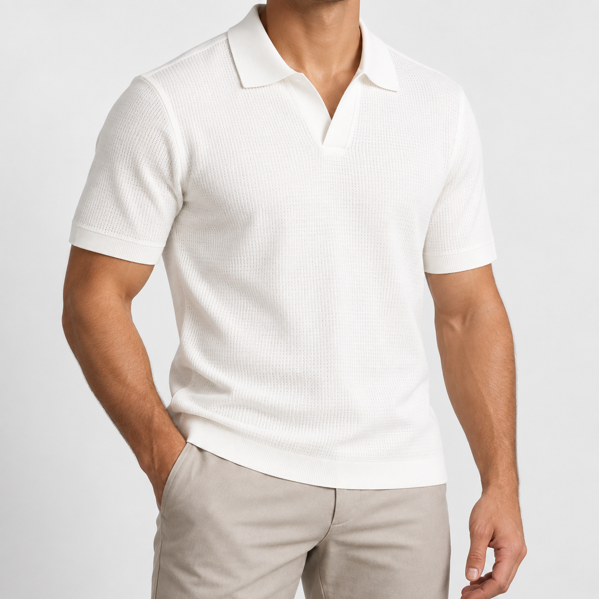 Men's Lyocell Open-Collar Short-Sleeve Polo — White, worn by a model