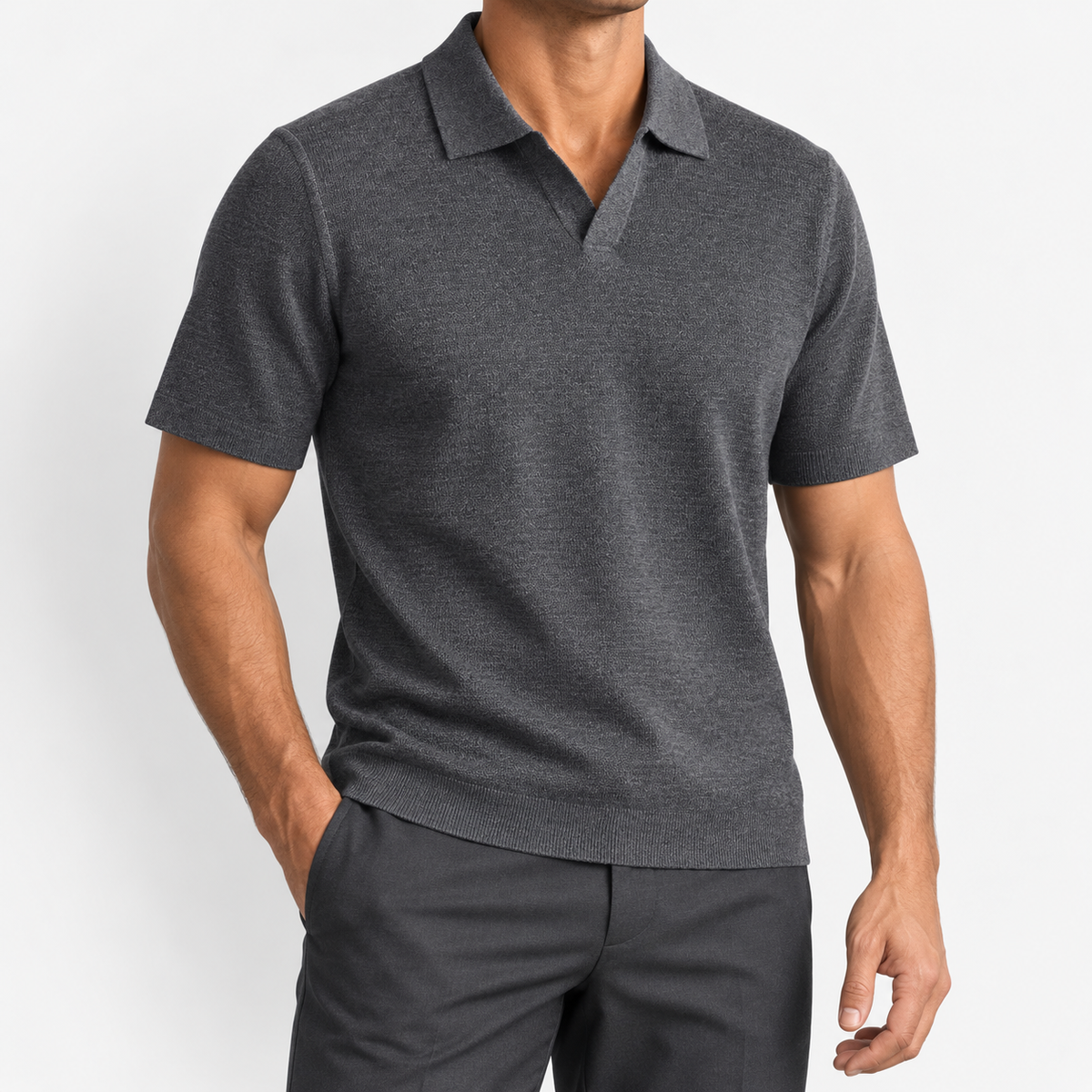 Men's Fine-Knit Lyocell Johnny-Collar Polo — Charcoal, worn by a model