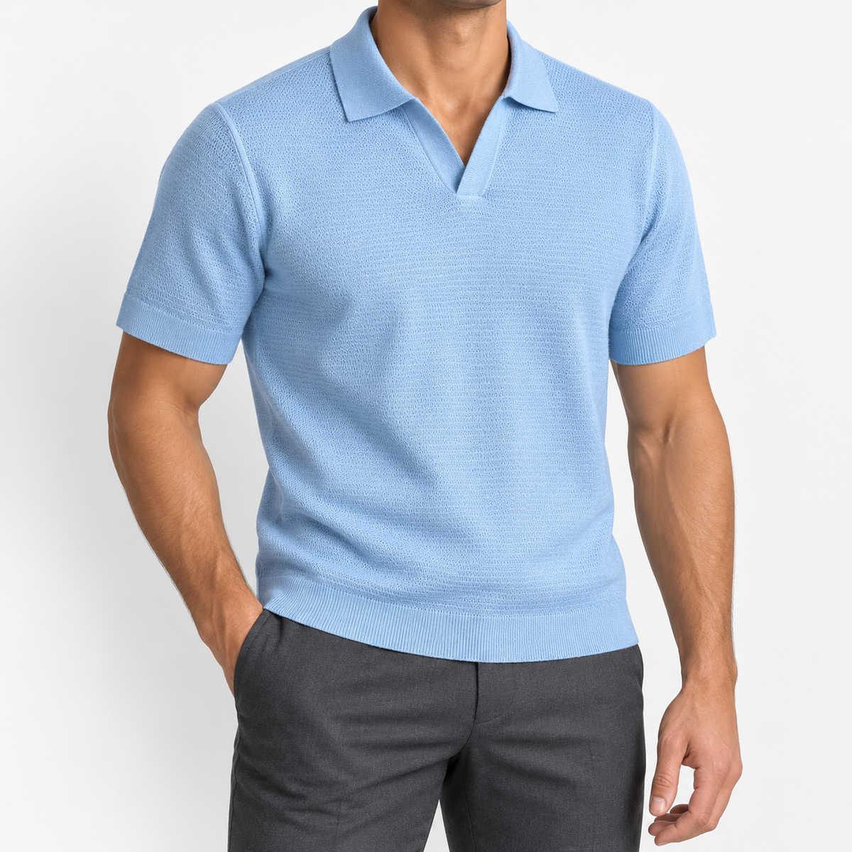 Men's Fine-Knit Lyocell Johnny-Collar Polo — Sky Blue, worn by a model