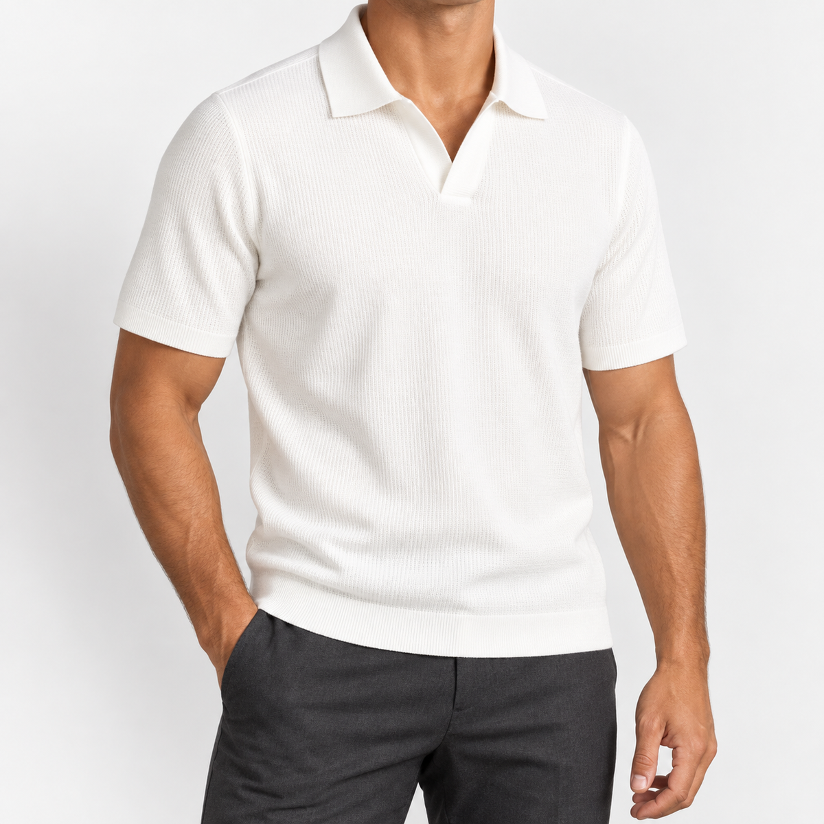 Men's Fine-Knit Lyocell Johnny-Collar Polo — White, worn by a model