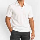 Men's Fine-Knit Lyocell Johnny-Collar Polo — White, worn by a model
