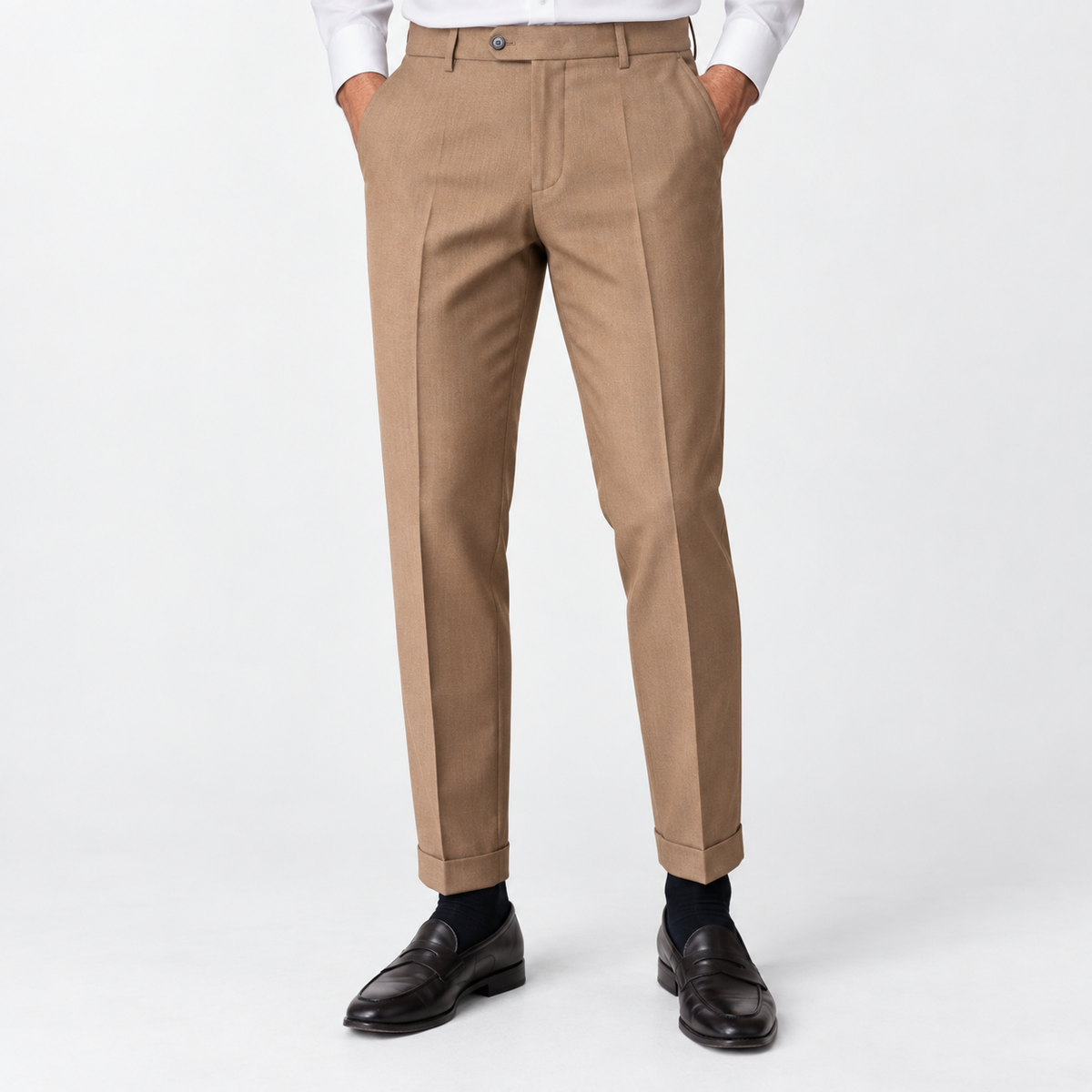 Men's Slim Ankle-Length Stretch Dress Trousers — Camel, worn by a model
