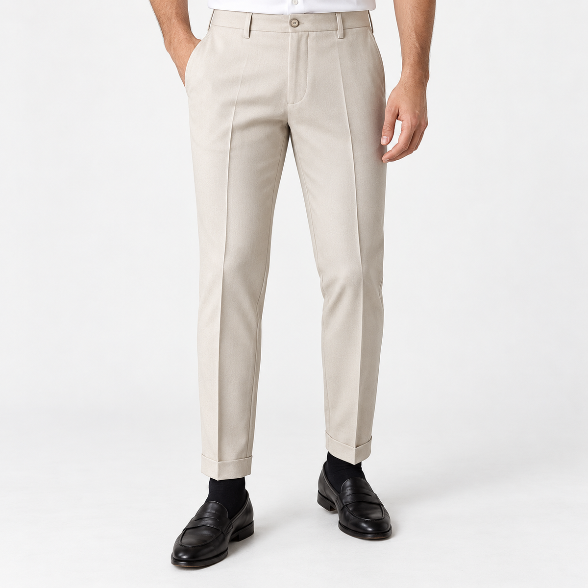 Men's Slim Ankle-Length Stretch Dress Trousers — Light Beige, worn by a model