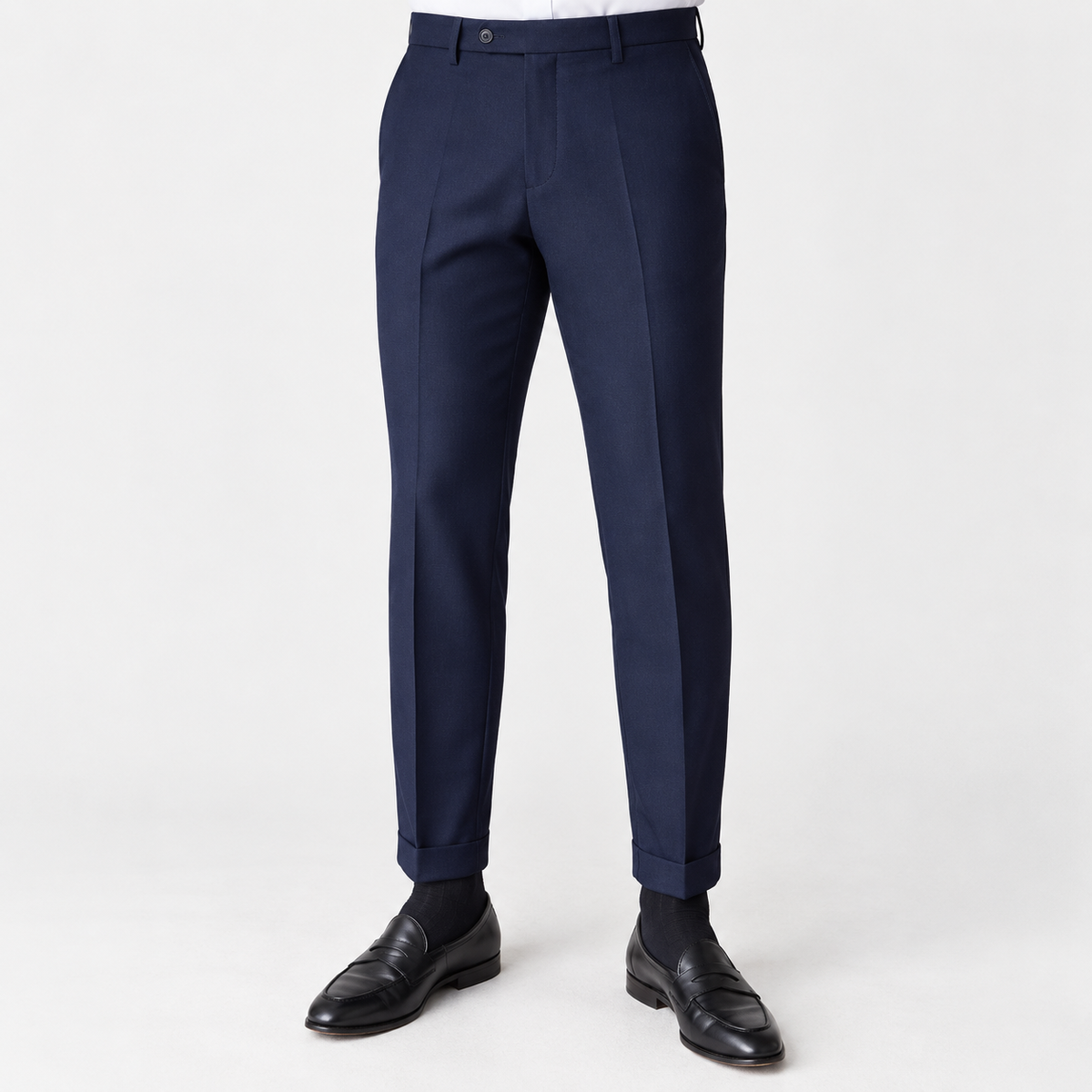 Men's Slim Ankle-Length Stretch Dress Trousers — Navy Blue, worn by a model