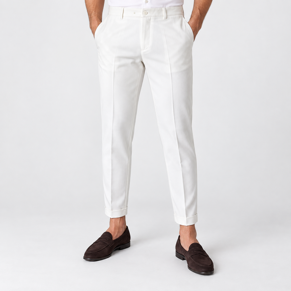 Men's Slim Ankle-Length Stretch Dress Trousers — White, worn by a model