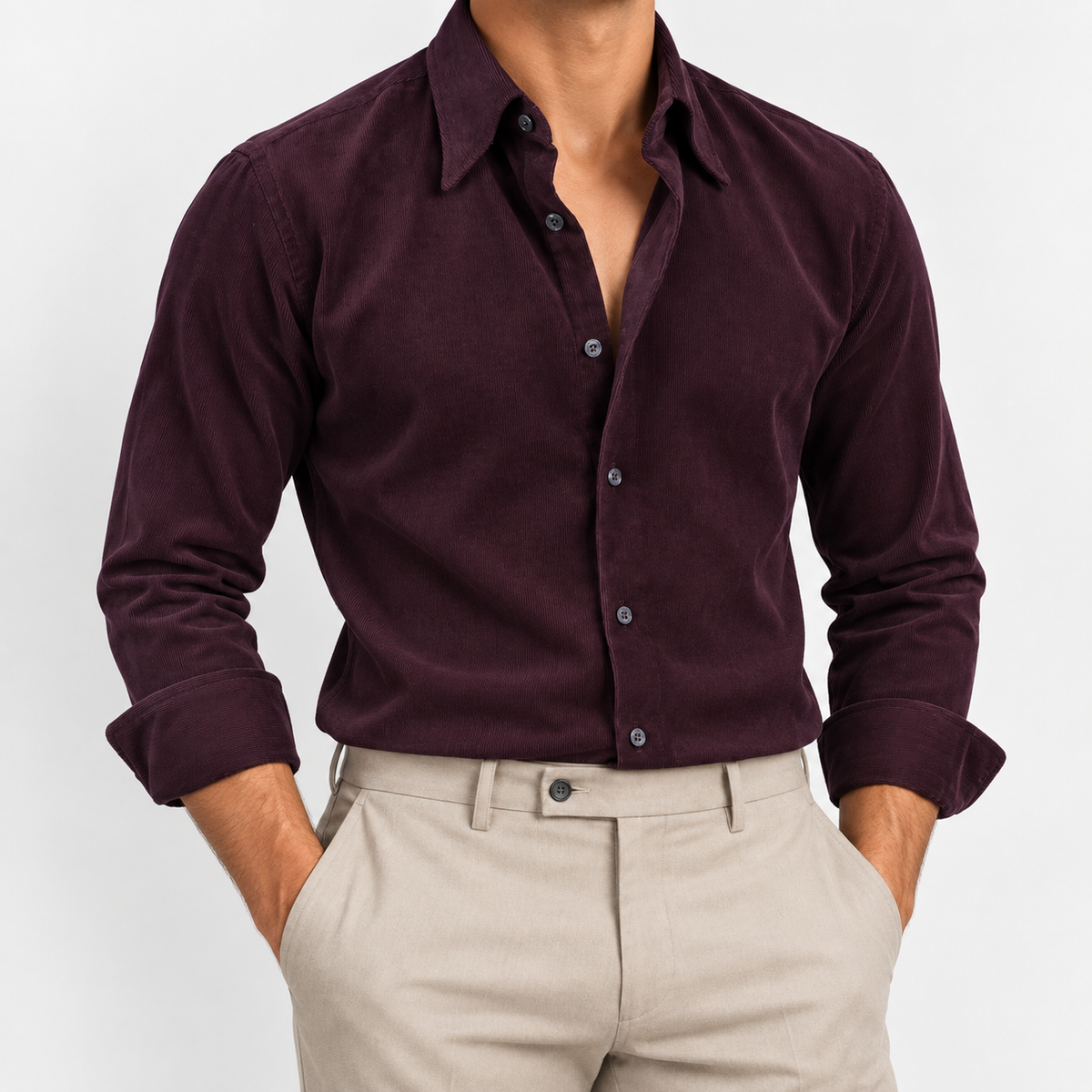 Men's Cotton Pointed-Collar Long-Sleeve Shirt — Purple, worn by a model