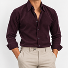 Men's Cotton Pointed-Collar Long-Sleeve Shirt — Purple, worn by a model