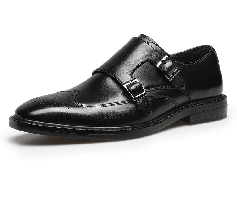 Black leather business formal monk shoes for men, featuring dual buckles and elegant design, ideal for professional and casual occasions.