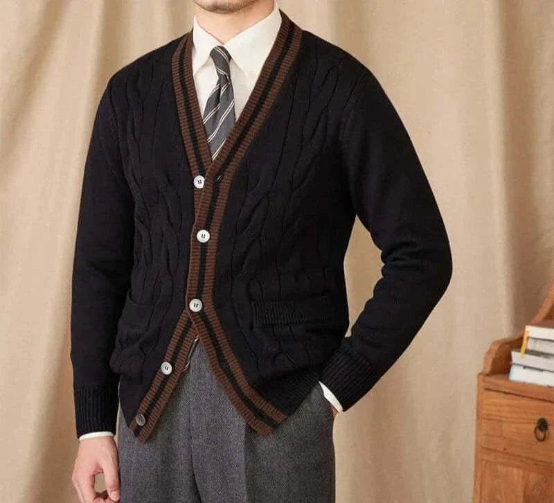 Antonios twisted knit cardigan with Italian vintage style in black wool.