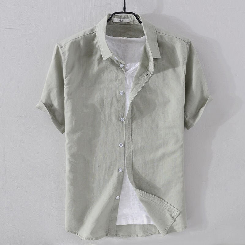 green short sleeve shirt for men made of linen and cotton blend for smart casual outfit 