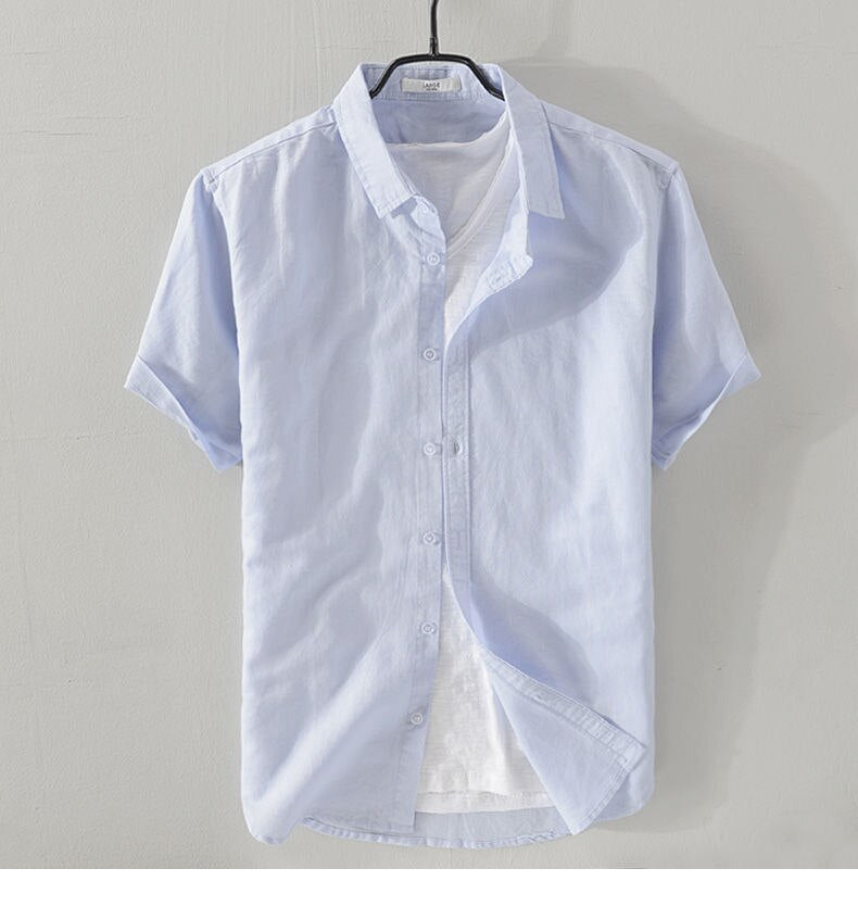 white short sleeve shirt for men made of linen and cotton blend for smart casual outfit 