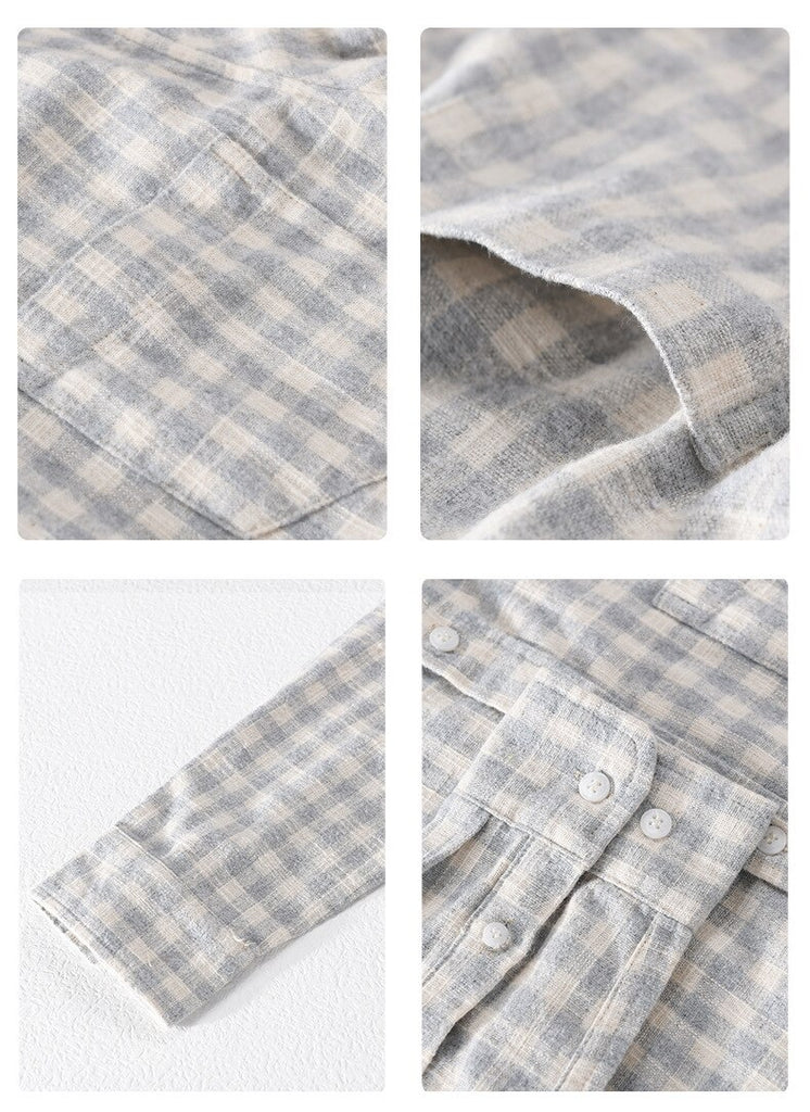 white details shirt with plaid pattern for men made of cotton and linen