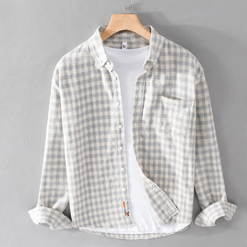white shirt with plaid pattern for men made of cotton and linen