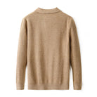 A beige ribbed knit sweater shown from the back, featuring a mock neck collar and long sleeves, photographed against a clean white background.