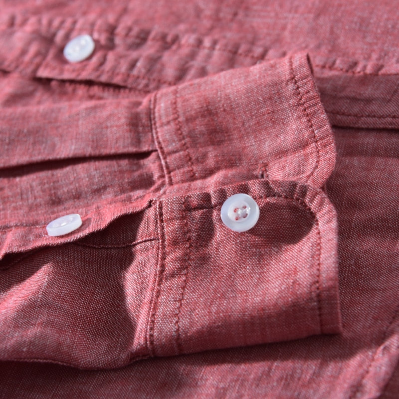 sleeve of red long sleeve casual shirt made of cotton and linen for men