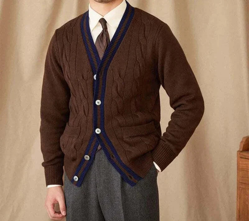 Antonios twisted knit cardigan in Italian vintage style, thin wool, men's fashion.