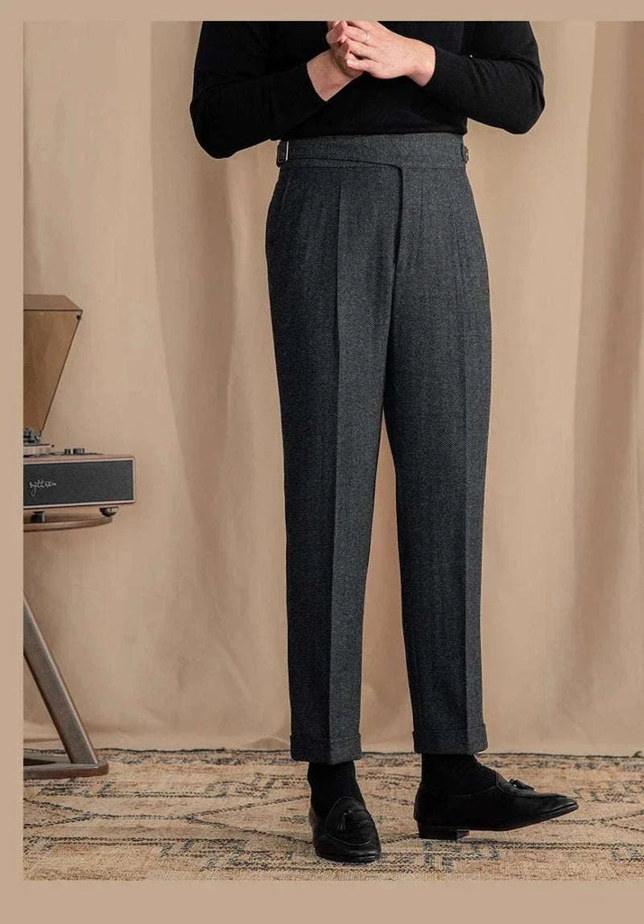 Antonios vintage wool herringbone pants, full-length smart casual trousers in polyester.