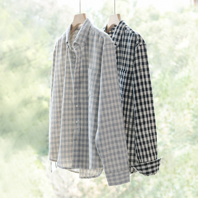 white and black shirt with plaid pattern for men made of cotton and linen