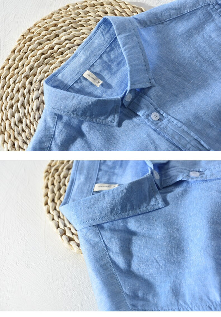 details of blue long sleeve casual shirt made of cotton and linen for men