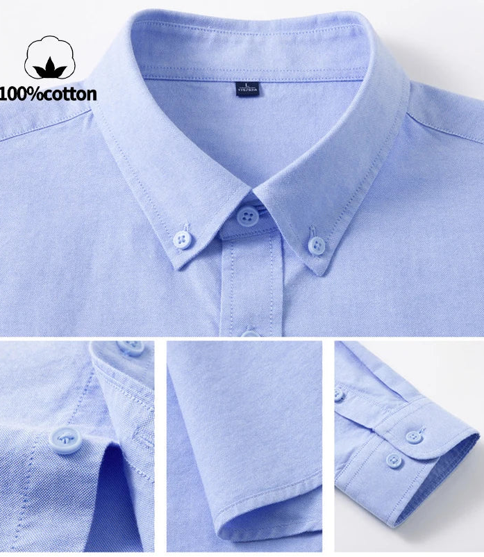 Light blue long-sleeve button-down shirt shown in a collage with close-up views of the collar, front placket, and cuff. The main view shows a clean collar and button placket, with a small inset showing the sleeve cuff and another inset showing the collar detail.