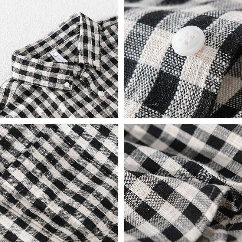 black details shirt with plaid pattern for men made of cotton and linen