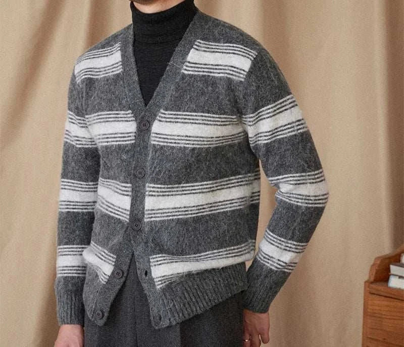 Antonios striped wool v-neck cardigan for men, perfect winter essential.