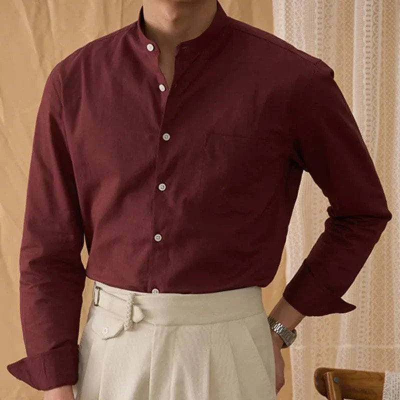 Antonios cotton-linen long sleeve shirt for men in burgundy.