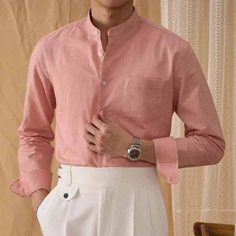 Antonios cotton-linen long sleeve shirt in pink for men, showcasing comfort and stylish fit.