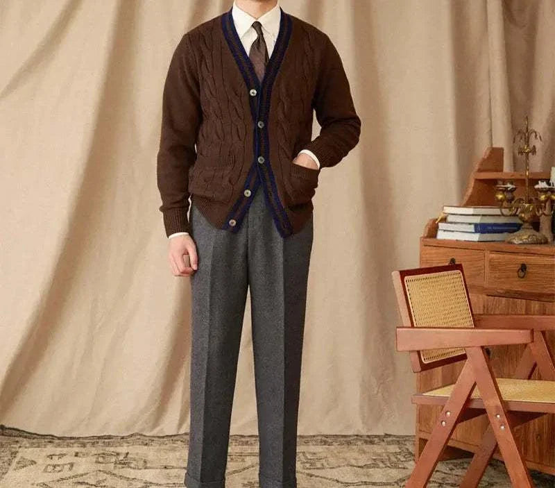 Antonios twisted knit cardigan in Italian vintage style for men, cozy wool fabric.